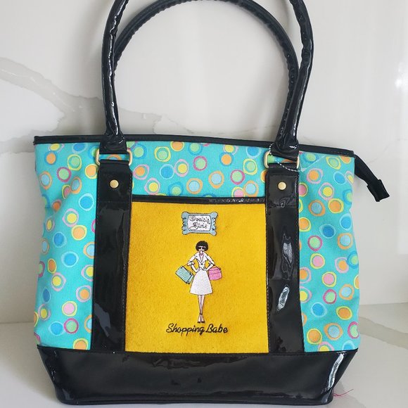 MAGGIE B Whimsy Shopping Girl Tote Bag Black Teal Yellow Polka Dots Canvas Charm - Picture 1 of 9
